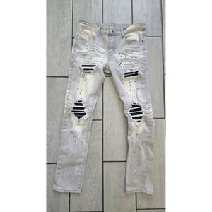 Mens Distressed Moto Jeans Gray Paint Splatter Biker Denim Size 32
